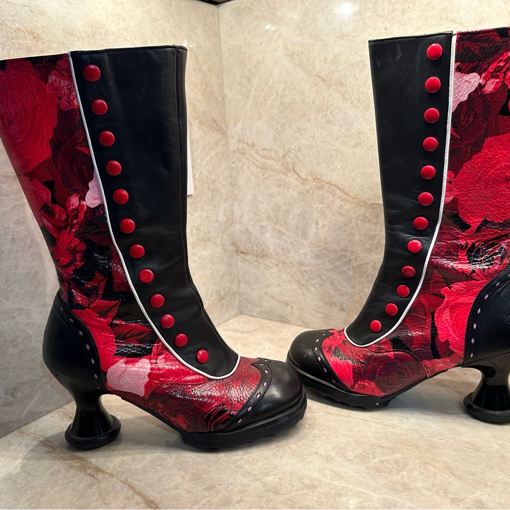 John Fluevog Black and Red Artistic Heeled Boots